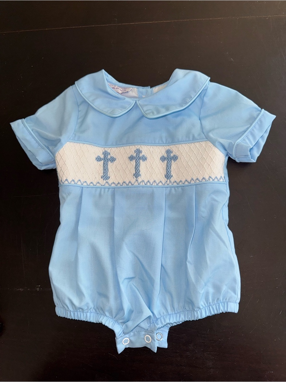 Light Blue Smocked Cross Bubble Romper by